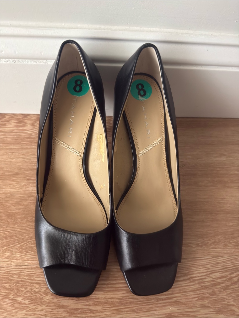 Tahari Black Leather Square-Toe Peep-Toe Heels